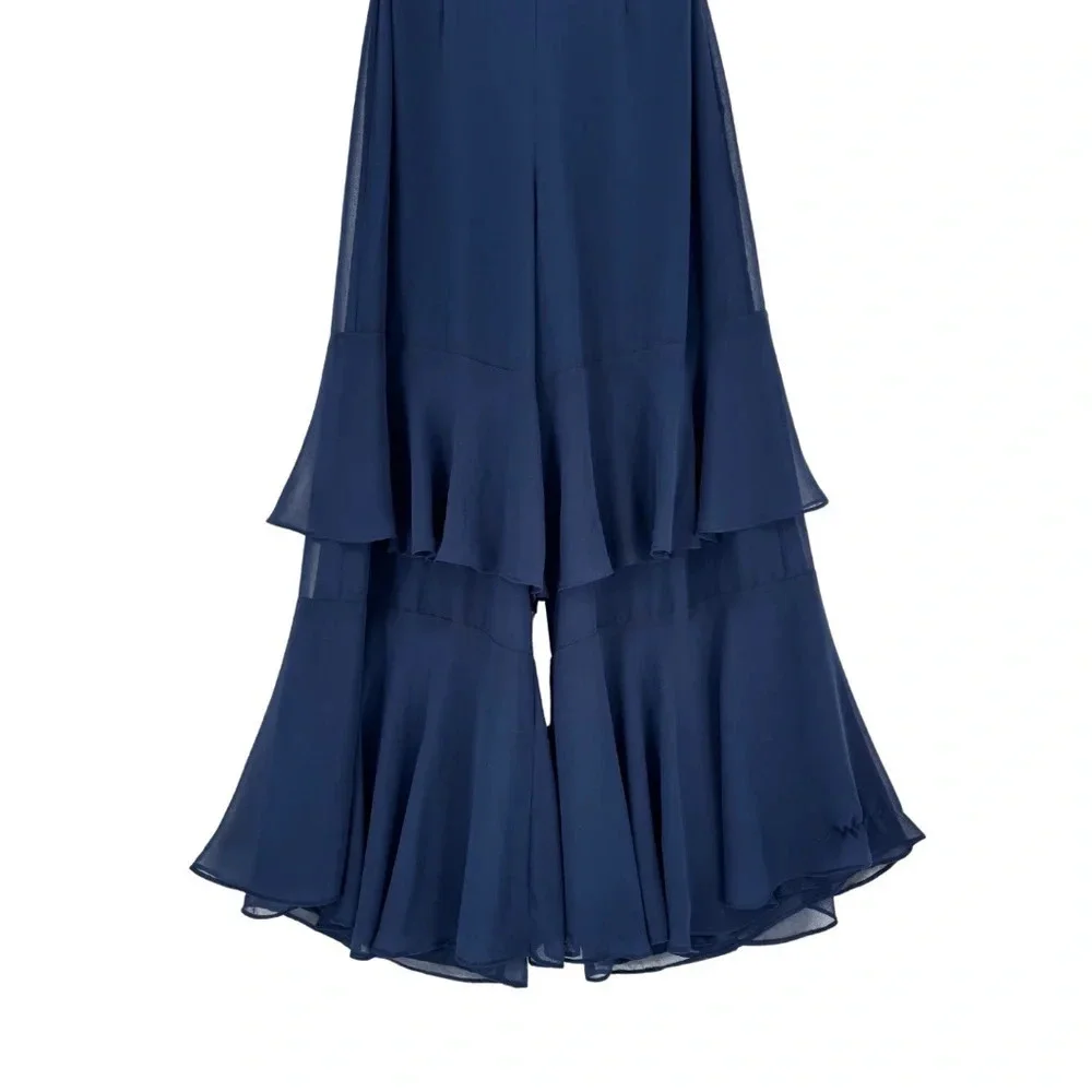 Fame & Partners‎ NWT XS Jumpsuit Navy Tiered Ruffle Wide Leg V-Neck Open Back